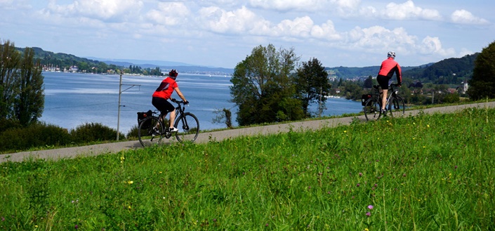 Zwei Radler fahren bei Mamern-Eschenz am Ufer des Bodensees entlang.
