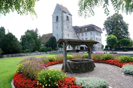 Prächtiger Blumenschmuck umgibt das Schloss und die paritätische Alte Kirche von Romanshorn.