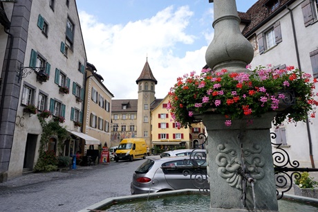Das Zentrum von Maienfeld mit dem prächtig bemalten Rathaus und einem schön mit Blumen geschmückten Brunnen.