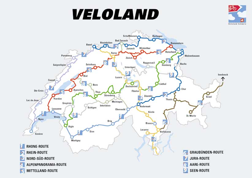 Verlauf der 9 Nationalen Velorouten der Schweiz.
